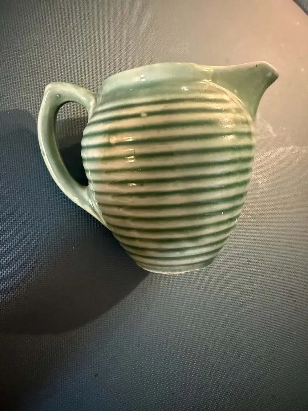 Vintage USA Pottery 907 Ribbed Ringware Creamer Pitcher Jade Green - AS IS